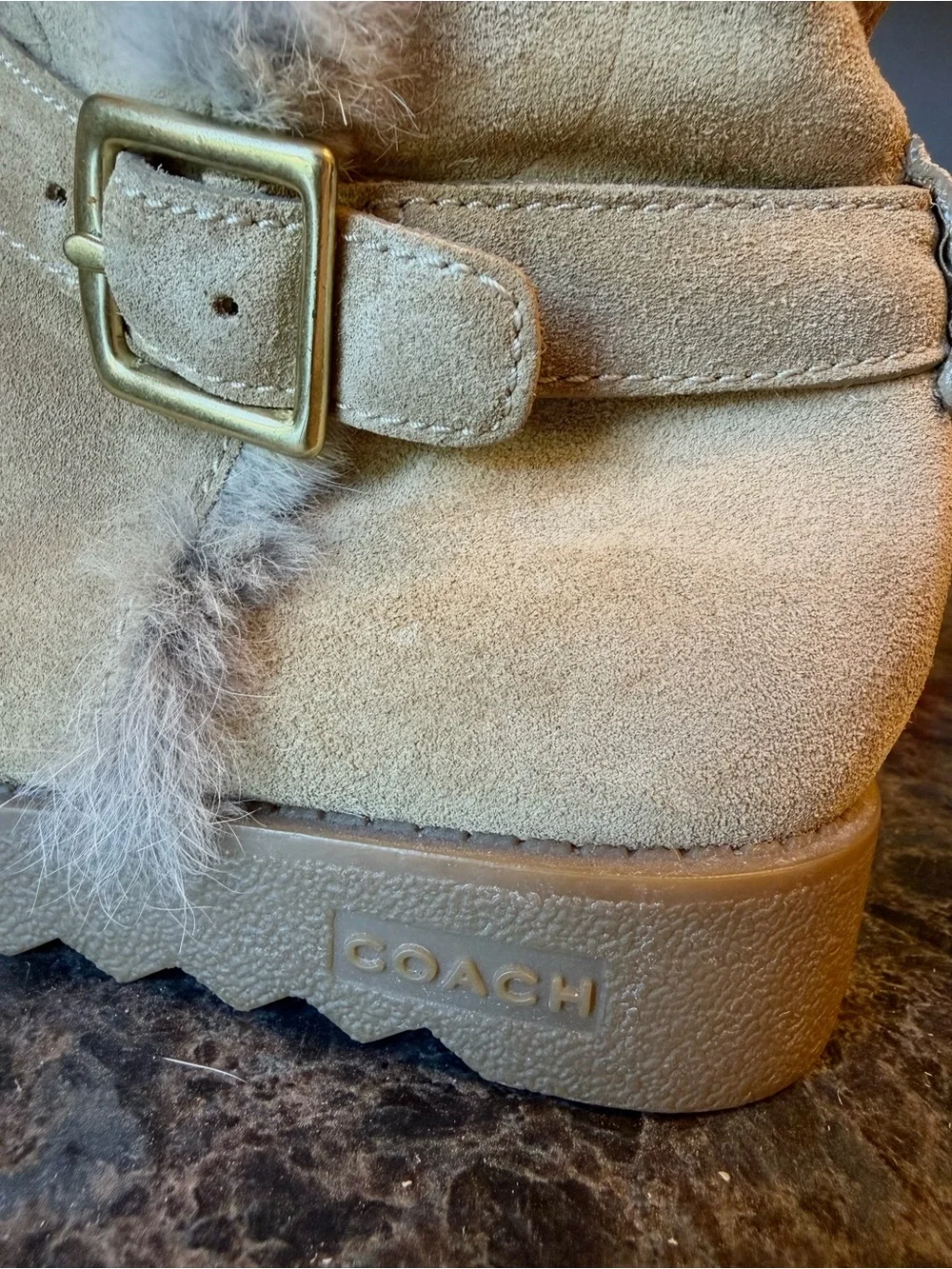 COACH Deeann Signature Embossed Beige Suede Rabbit Fur Trim Women’s Boots 7-1/2